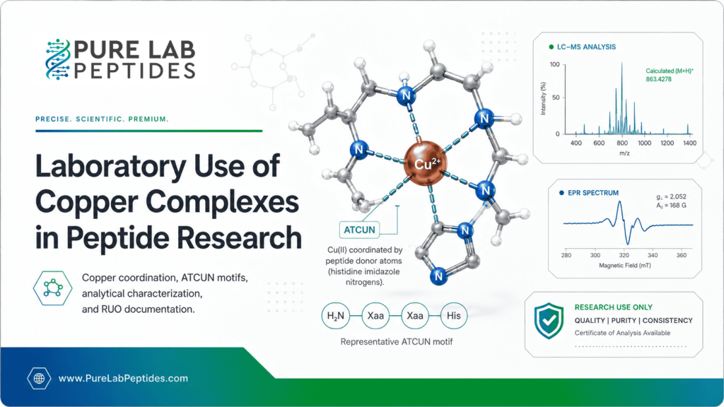 Laboratory Use of Copper Complexes in Peptide Research infographic with ATCUN motif and analysis charts